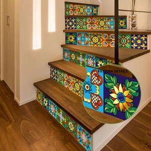 Self-adhesive Mexican style floral tile stickers for home stair decoration, set of 12
