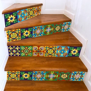 Set of 12 self-adhesive PVC stair stickers with vintage Bohemian floral patterns