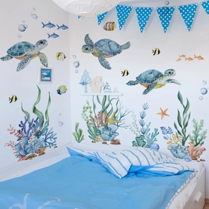 Aquarel Oceaan Thema Muurstickers PVC Zeeschildpad Tropische Vissen Decals Voor Badkamer Kinderkamer Verwijderbaar Waterdicht
