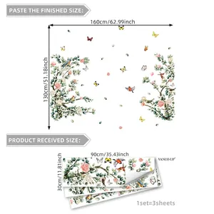 Size guide for self-adhesive wall stickers with birds and branches for home decoration