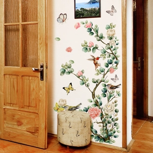 Floral wall sticker with birds and butterflies in a watercolor style for home decoration