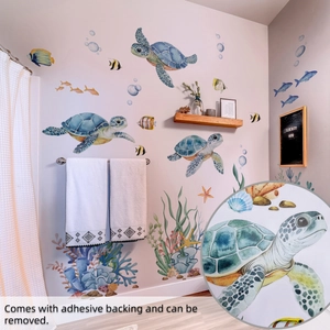 Detail van aquarel zeeschildpad en koraal muurstickers met zelfklevende textuur