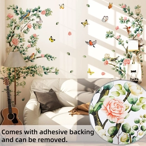 Detailed view of watercolor bird and floral wall decals with adhesive backing feature