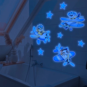 Luminous wall stickers showing cartoon animals in blue planes with glowing stars