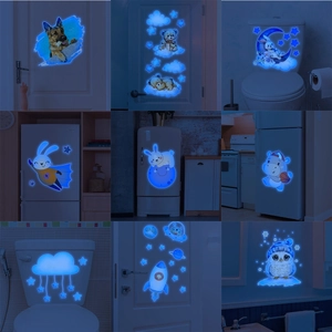 Glow In The Dark Wall Stickers Blue Luminous PVC Cartoon Bear Rabbit Rocket Space Dog Animal Decals For Bedroom Bathroom Living Room Decor