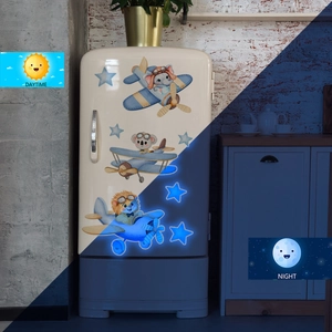 Luminous blue glow-in-the-dark stickers featuring cartoon animal pilots and stars