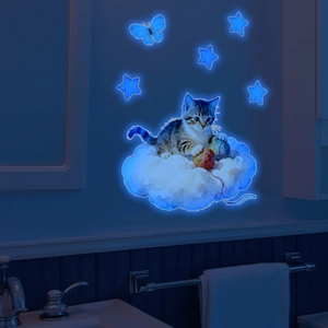 Glow-in-the-dark wall sticker featuring a striped cat on a cloud with blue luminous stars