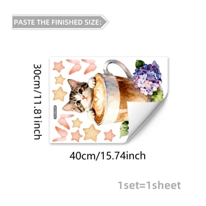 Detailed size view of watercolor cat and flower wall decals measuring 30x40 cm
