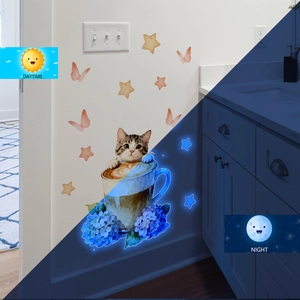 Luminous wall sticker showing daytime vs night blue glow cat in a coffee cup