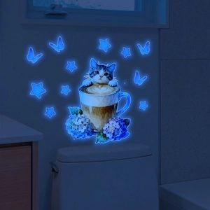 Luminous blue wall sticker featuring a cat in a cup with stars for home bedroom decor