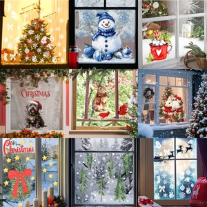 Christmas Window Stickers Snowman Xmas Tree Animal Static Cling Decals For Glass Window Holiday Party Home Decor