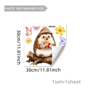 Detail of hedgehog wall sticker featuring blue light glow and watercolor art style