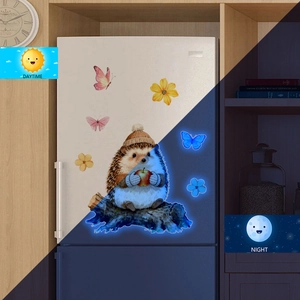 Luminous hedgehog and butterfly wall stickers with blue glow effect for night home decor