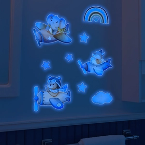 Glow in the dark blue cartoon animals stickers with elephant bear fox planes for wall