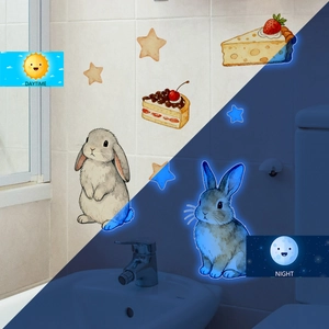 Luminous wall stickers set showing daytime and night glowing effects of cartoon rabbit and stars