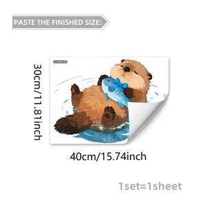 Detailed view of watercolor cartoon otter wall sticker with specific size dimensions