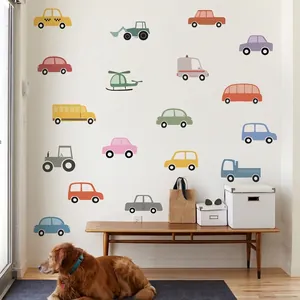 Colorful cartoon vehicle wall stickers featuring cars, trucks and helicopters for nursery