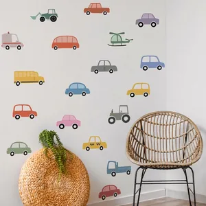 Cartoon transport wall stickers for kids room featuring colorful cars and helicopters