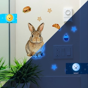 Luminous cartoon rabbit and stars wall stickers showing day and night glow effects