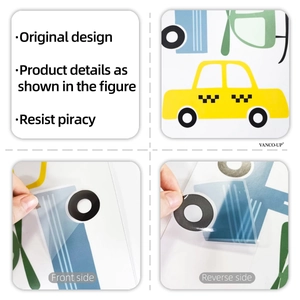 Detail showing the front and reverse side of transparent cartoon car wall stickers
