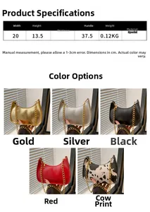 Detailed view of half-moon chain shoulder bags in five colors with size specifications