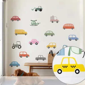 Detail of colorful cartoon vehicle wall stickers showing cars and helicopters on wall