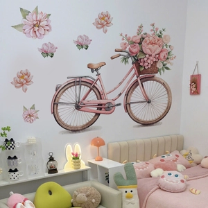 Pink vintage bicycle wall sticker with flowers for living room and bedroom decor