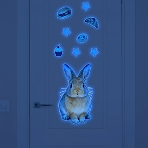 Glow-in-the-dark blue luminous rabbit and food wall stickers for kids' bedroom decor