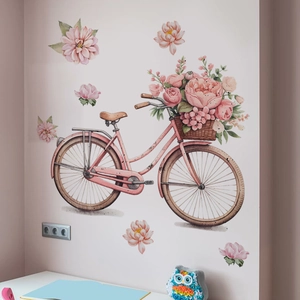 Pink vintage bicycle wall sticker with watercolor peony flowers for home decor