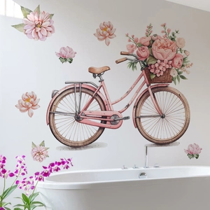 Detailed watercolor wall sticker of a pink vintage bicycle with blooming peonies and flowers