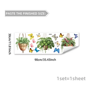 Detailed view of PVC wall decals with hanging green plants, colorful butterflies and dimensions