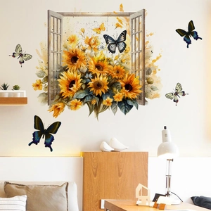 Detailed 3D wall sticker featuring an open window view with sunflowers and butterflies