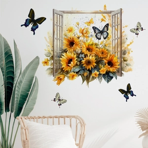 Window wall decal featuring vibrant sunflowers and butterflies in a home living room