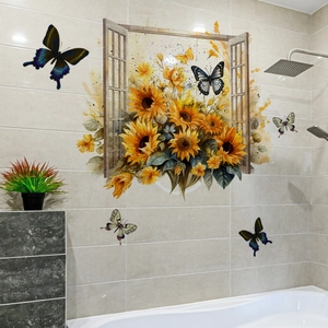 3D watercolor sunflower wall sticker with vibrant butterflies on a bathroom tile wall