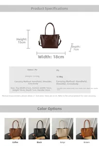 Tableau des tailles détaillé pour tote bag en cuir PU avec dimensions et options de port