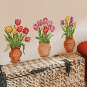 Detail of hand-painted tulip wall stickers in clay-style vases for home wall decor