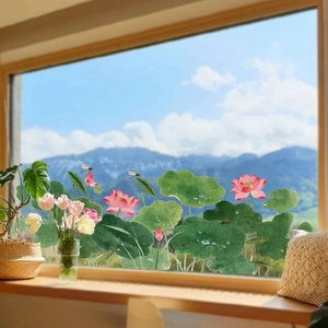 Detailed pink lotus static window stickers with water drops on green leaves in sunlight