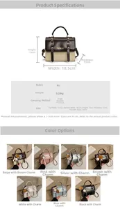 Detailed chart showing small PU leather crossbody bags in seven colors with size dimensions