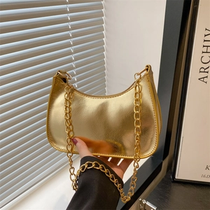 PU Leather Underarm Hobo Bag For Women With Gold Chain Strap Vintage Metallic Shoulder Bag Solid Color Cow Print Handbag
