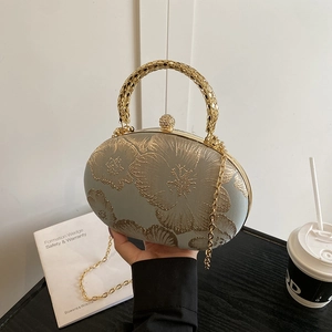 Vintage Women Floral Embroidery Evening Clutch Bag Oval Hard Shell Purse With Metal Handle Gold Chain For Wedding Party