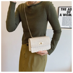 Detail of cream woven handbag featuring a gold metal twist lock and elegant chain strap