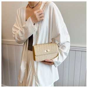 Detail of a beige woven crossbody bag with gold chain strap and twist lock on a model