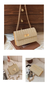 Detail of straw woven bags with gold chain strap, heart buckle and elegant pearl handle