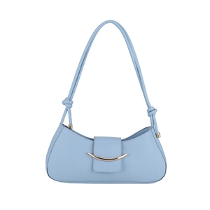 Minimalist light blue leather shoulder bag with crescent gold buckle and knot detail
