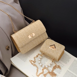 Women Korean Style Straw Woven Chain Crossbody Bag With Metal Lock Artificial Pearl Handle Fashion Small Square Vacation Shoulder Bag