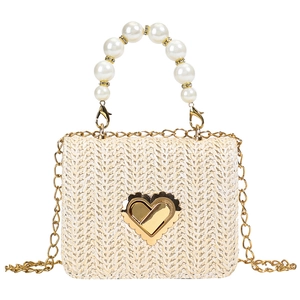 Straw flap square bag with pearl handle, golden heart lock, and metal chain strap