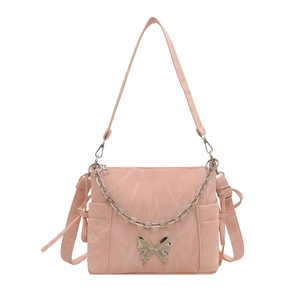 Chic pink bow shoulder bag with silver chain and metal butterfly detail for women