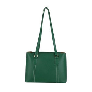 Sac fourre-tout en cuir vert avec coutures blanches contrastées et boucles dorées