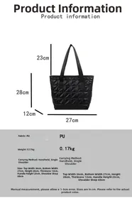 Detailed dimensions of a black quilted tote bag with size measurements and handle height