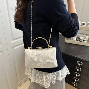 Elegant white lace handbag with 3D butterfly embroidery and gold handle for bridal party